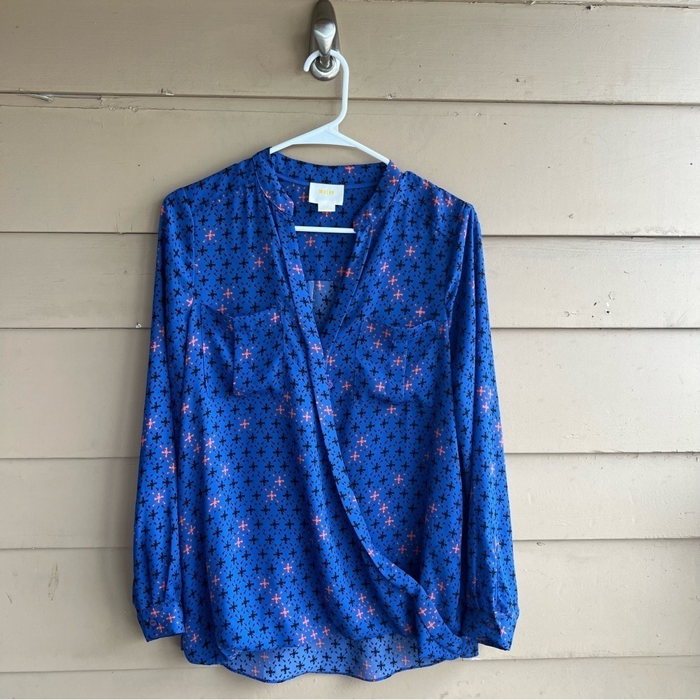 Anthropologie Maeve Eva Blue Pattern Wrap Long Sleeve Blouse SZ 4 - Office